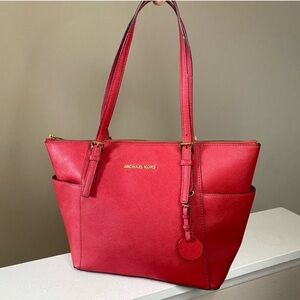 Michael Kors Jet Set Large Crossgrain Red Top-Zip Tote Bag